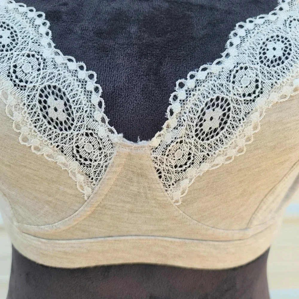 Gilligan & o'Malley Womens Soft unlined Bra Modal Lace Bralette Beige White XL - Picture 9 of 10
